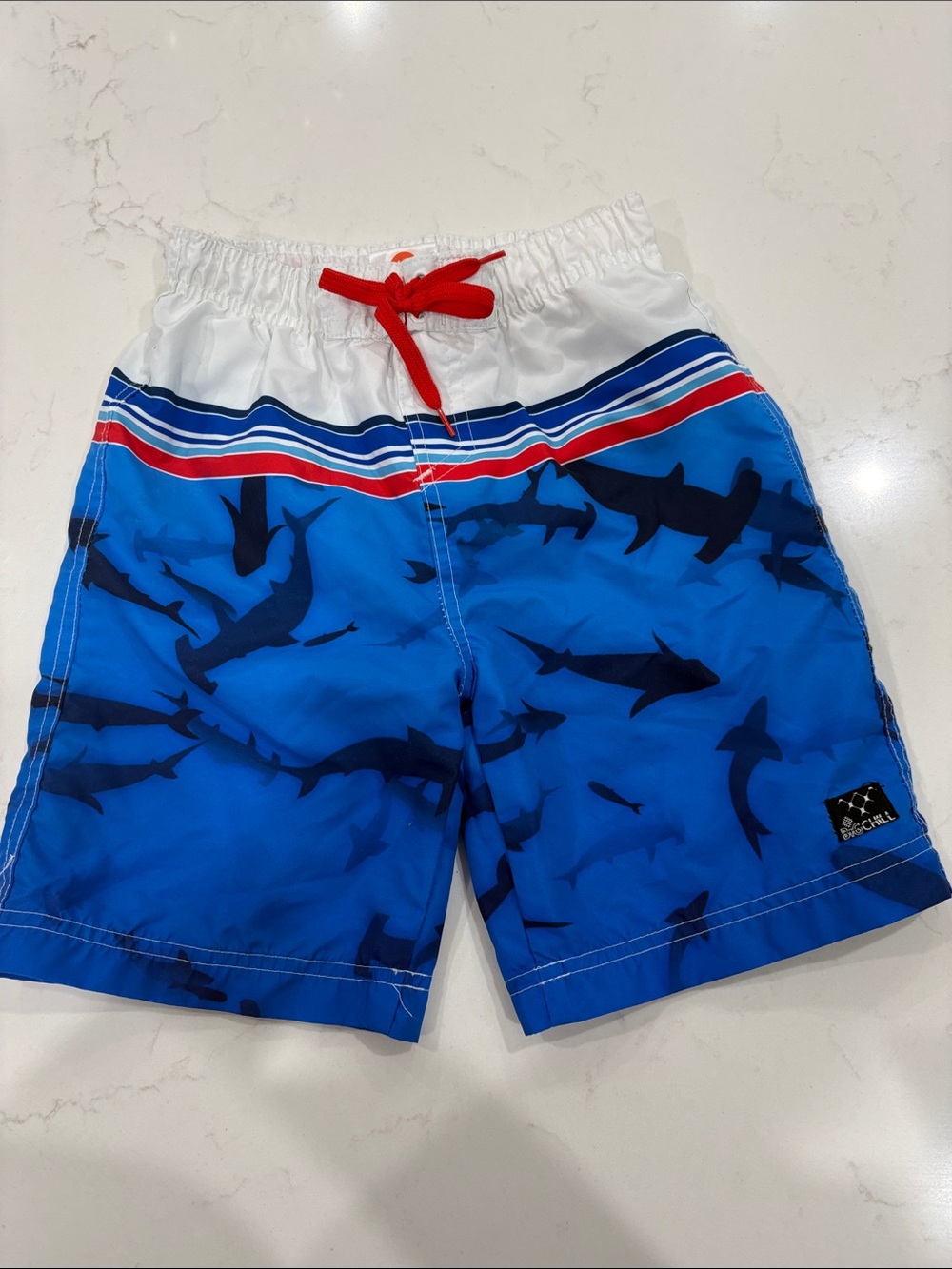 Big Chill Shark Print Swim Shorts with Red Drawstring. NWOT
